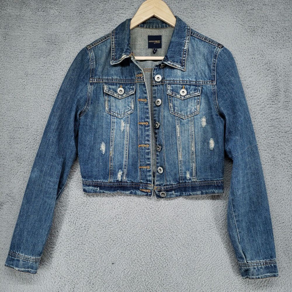 Highway Jeans Denim Jacket Womens M Long Sleeve Cropped Button Distressed Blue